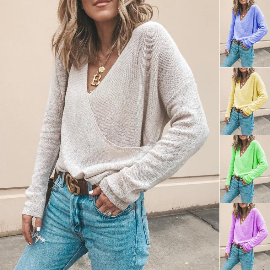 Damen Leichter Oversized Strickpullover mit Wickeloptik und V-Ausschnitt Drune