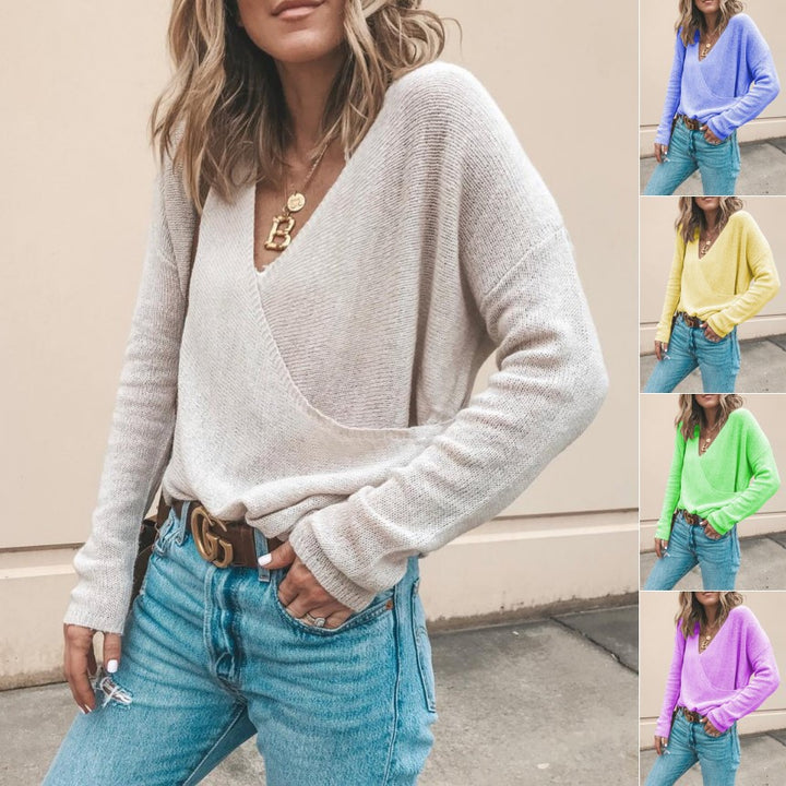 Damen Leichter Oversized Strickpullover mit Wickeloptik und V-Ausschnitt Drune