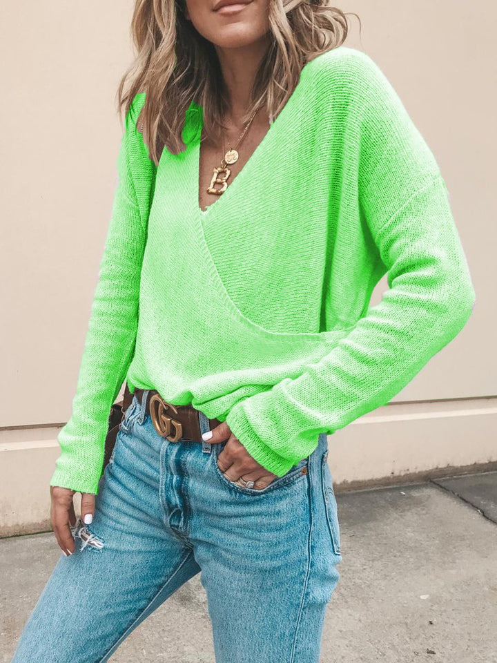 Damen Leichter Oversized Strickpullover mit Wickeloptik und V-Ausschnitt Drune