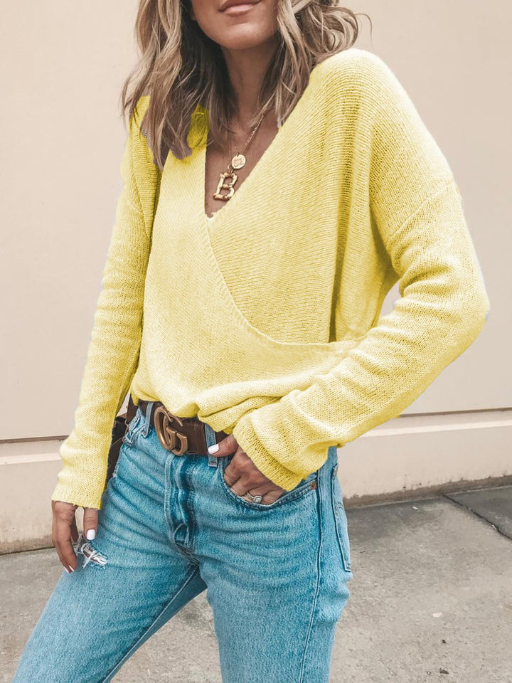 Damen Leichter Oversized Strickpullover mit Wickeloptik und V-Ausschnitt Drune