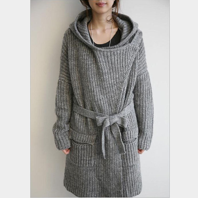 Damen Langer Strickmantel mit gemütlichen Taschen und Kapuze Drune
