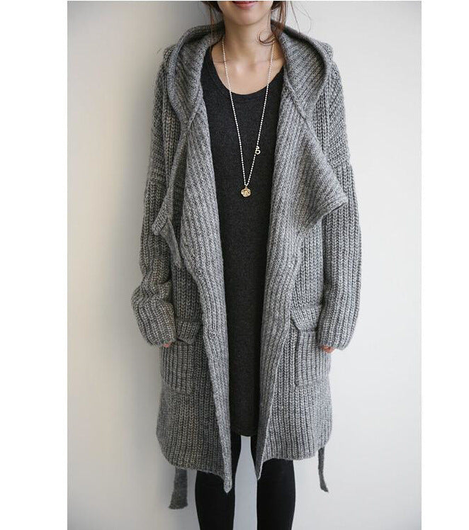 Damen Langer Strickmantel mit gemütlichen Taschen und Kapuze Drune