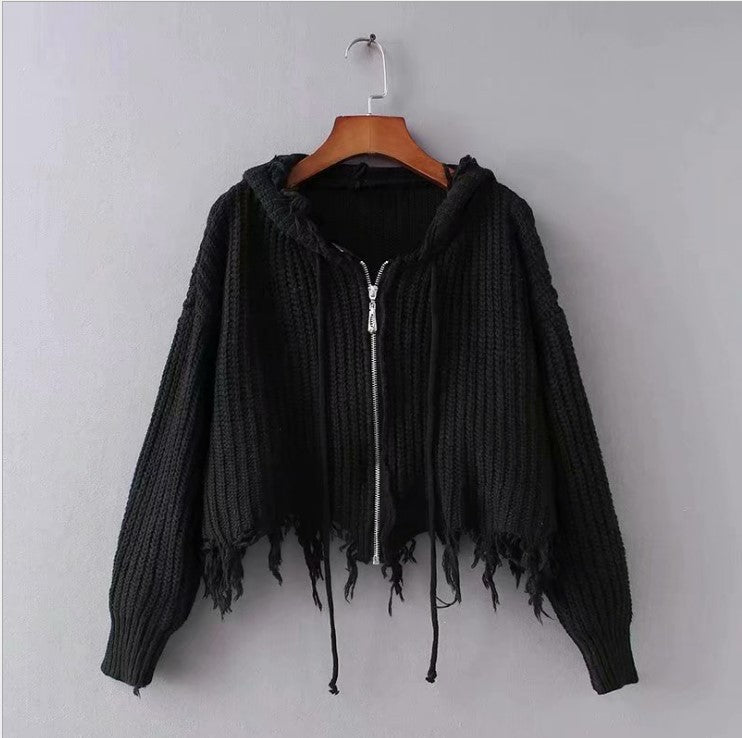 Damen Großer Strickhoodie mit Reißverschluss und Fransen Drune