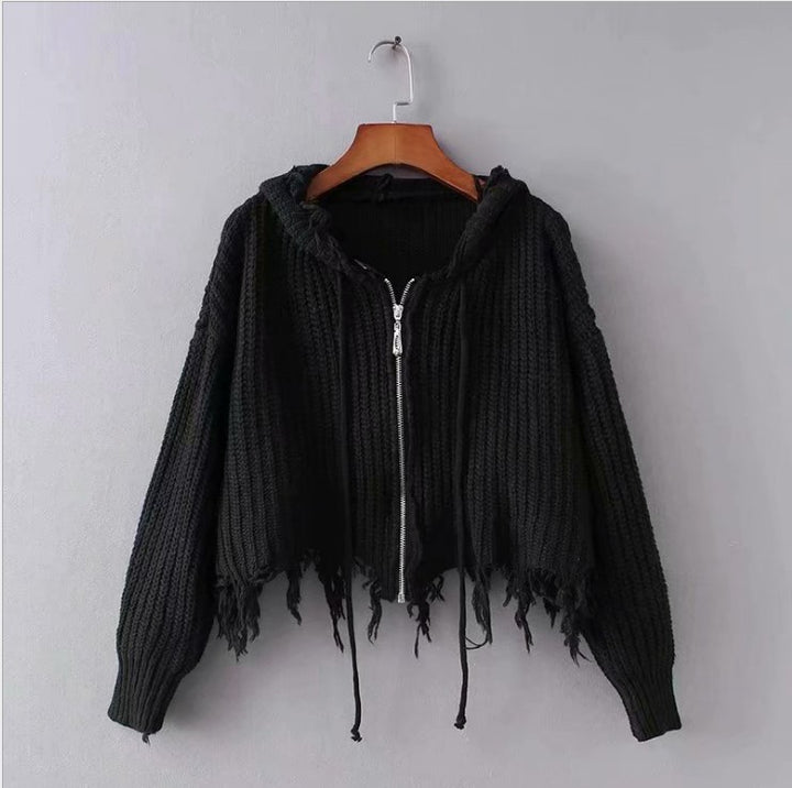 Damen Großer Strickhoodie mit Reißverschluss und Fransen Drune