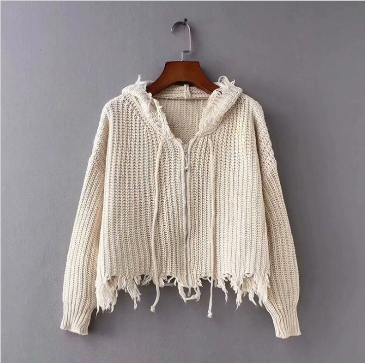 Damen Großer Strickhoodie mit Reißverschluss und Fransen Drune
