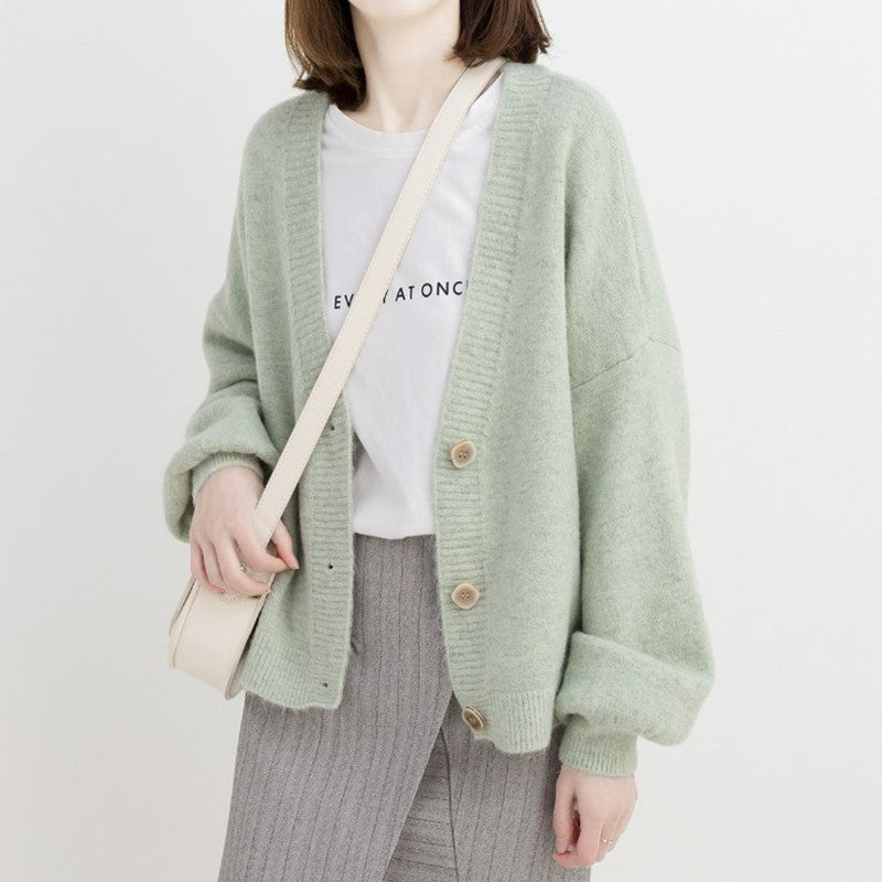 Damen lockere Strickjacke mit V-Ausschnitt und Knopfverschluss Drune