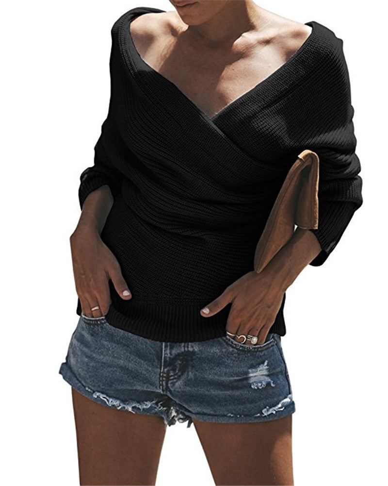 Damen lässiger Wickelpulli mit tiefem V-Ausschnitt Drune