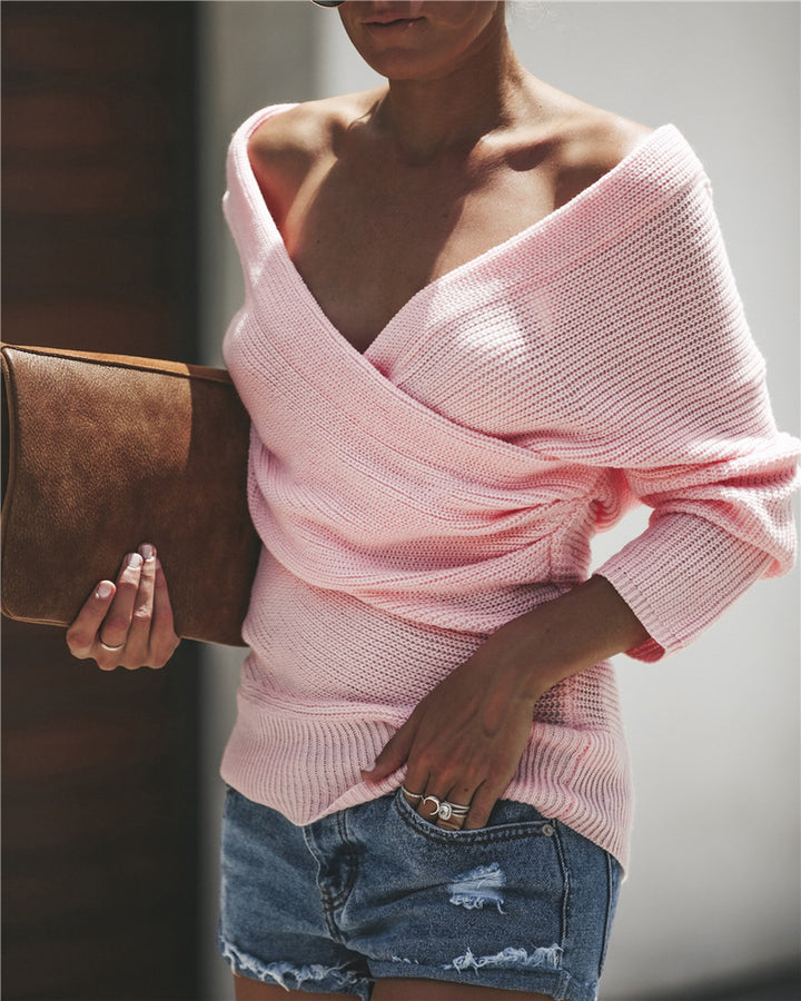 Damen lässiger Wickelpulli mit tiefem V-Ausschnitt Drune