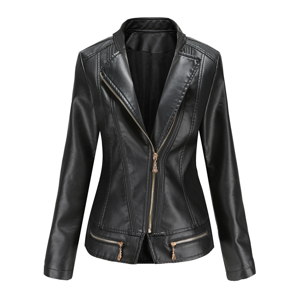 Damen nan taillierter Kunstleder-Blazer mit diagonalem Reißverschluss und Ziernähten Drune