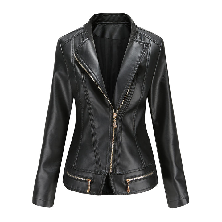 Damen nan taillierter Kunstleder-Blazer mit diagonalem Reißverschluss und Ziernähten Drune