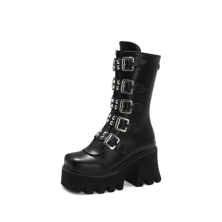 Damen Schaftstiefel mit Plateau, Mehrfachschnallen, Spikes und robuster Lugsohle Drune