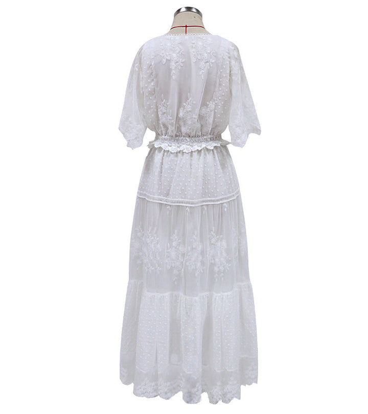 Drune | Chiffon Spitze Kurze Ärmel Boho V-Ausschnitt Maxi Kleid