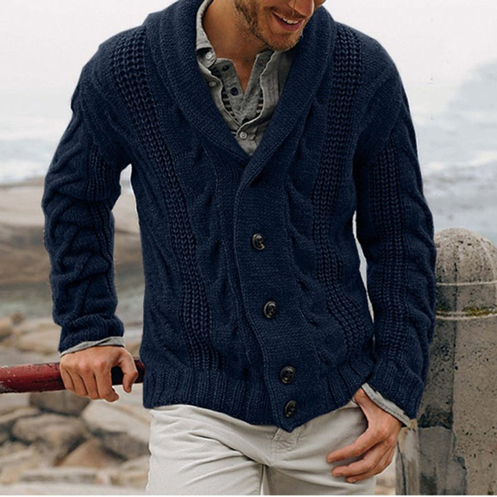 Herren Grobstrick Strickjacke mit Schalkragen und Knopfdetails Drune
