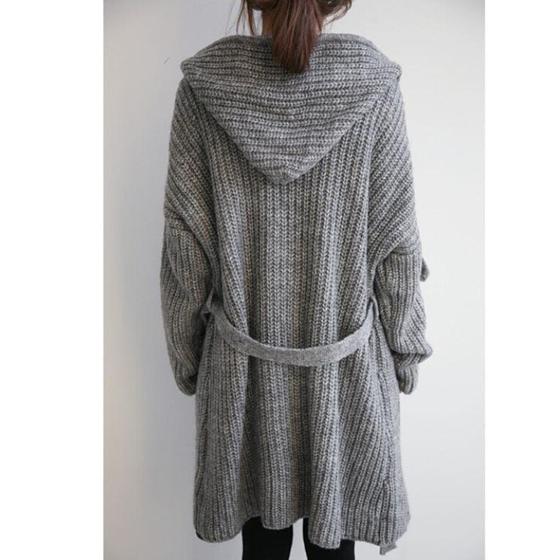 Damen Langer Strickmantel mit gemütlichen Taschen und Kapuze Drune