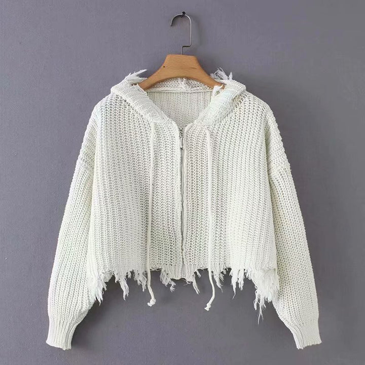 Damen Großer Strickhoodie mit Reißverschluss und Fransen Drune