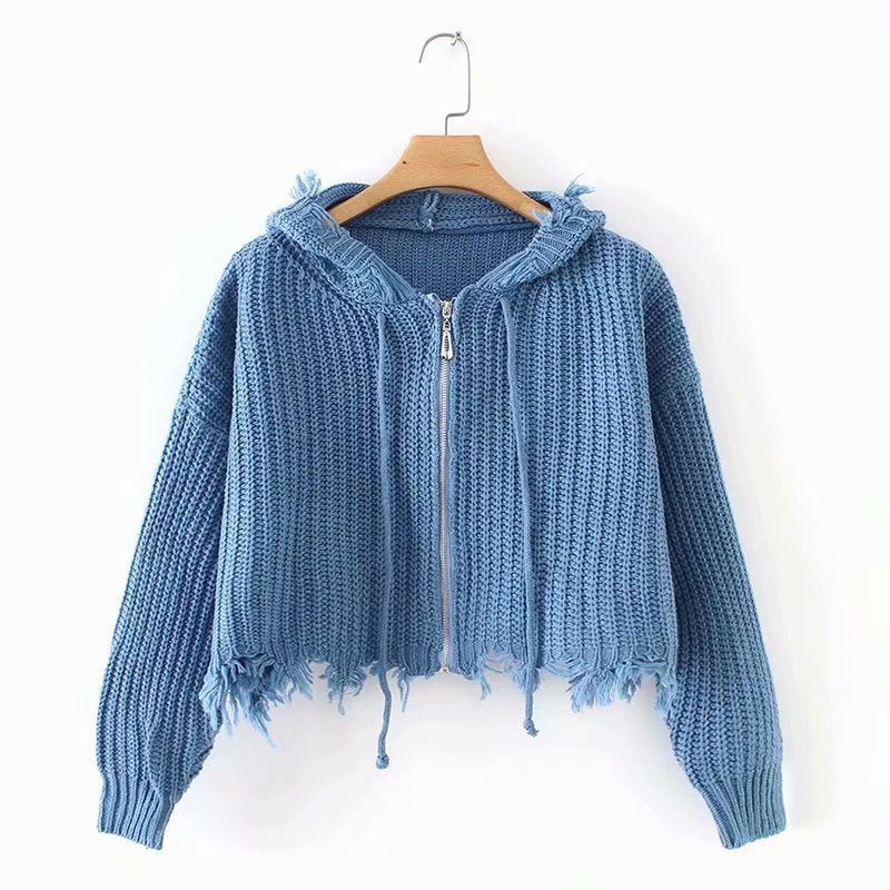 Damen Großer Strickhoodie mit Reißverschluss und Fransen Drune