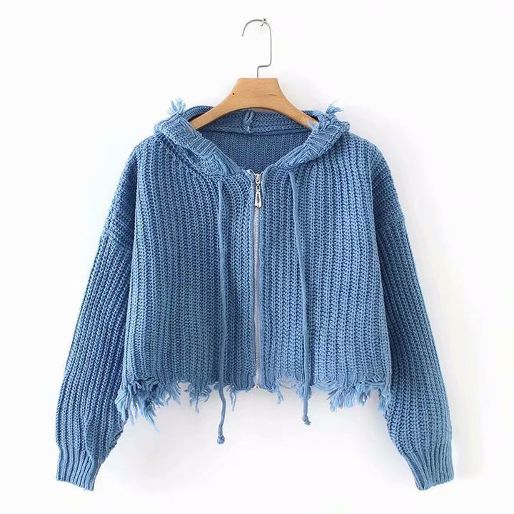 Damen Großer Strickhoodie mit Reißverschluss und Fransen Drune