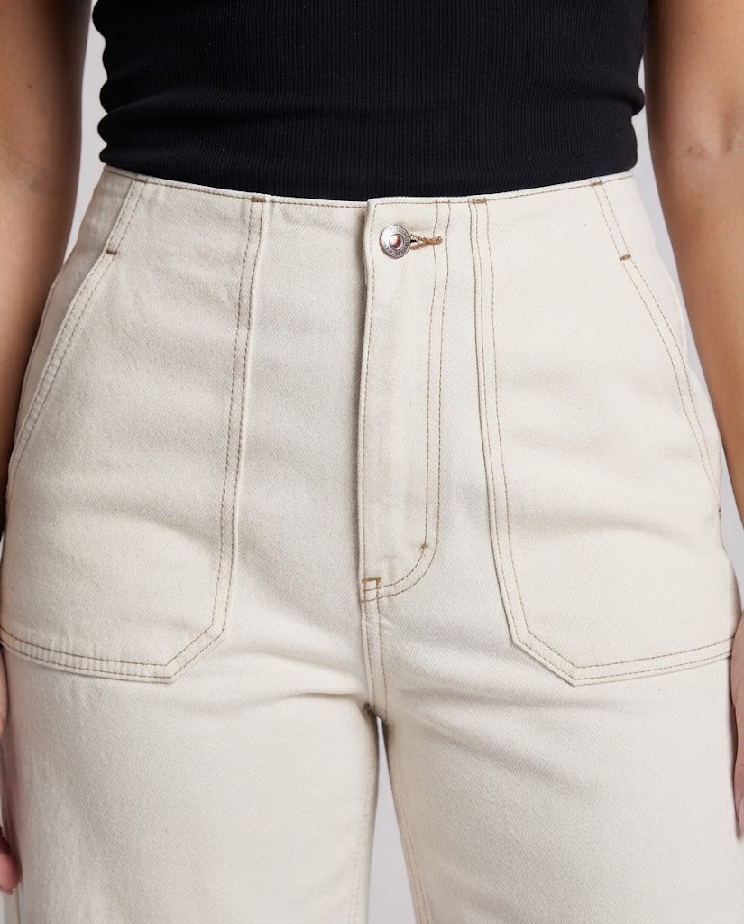 Damen weite hochtaillierte Denim-Hose mit extra weitem Bein und aufgesetzten Taschen Drune