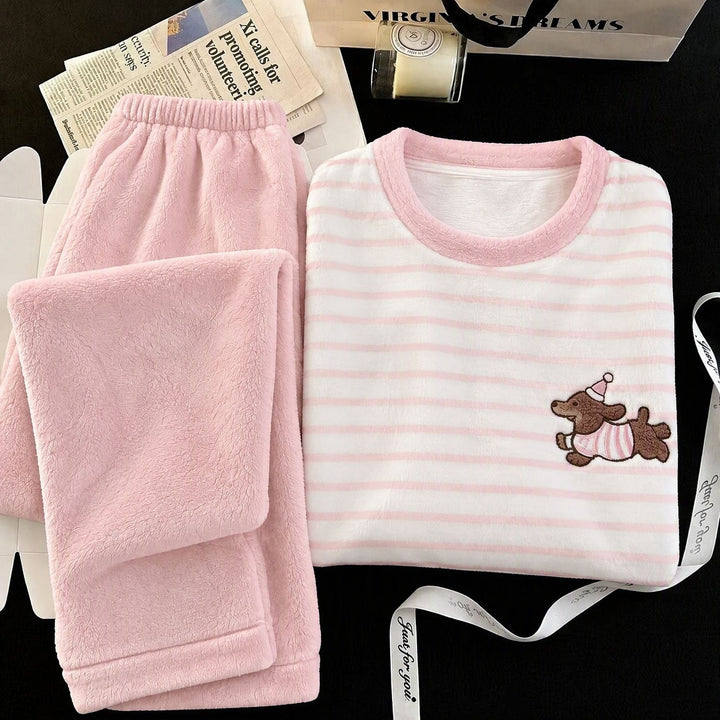 Damen-Schlafanzug-Set, Korallenfleece, Cartoon-Muster