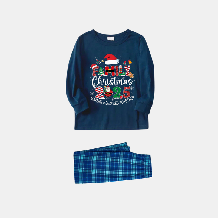 Drune | Marineblaues und Himmelsblaues Karomuster Weihnachts-Pyjama-Set mit "Familien-Weihnachten 2025 Erinnerungen gemeinsam schaffen" Textdruck