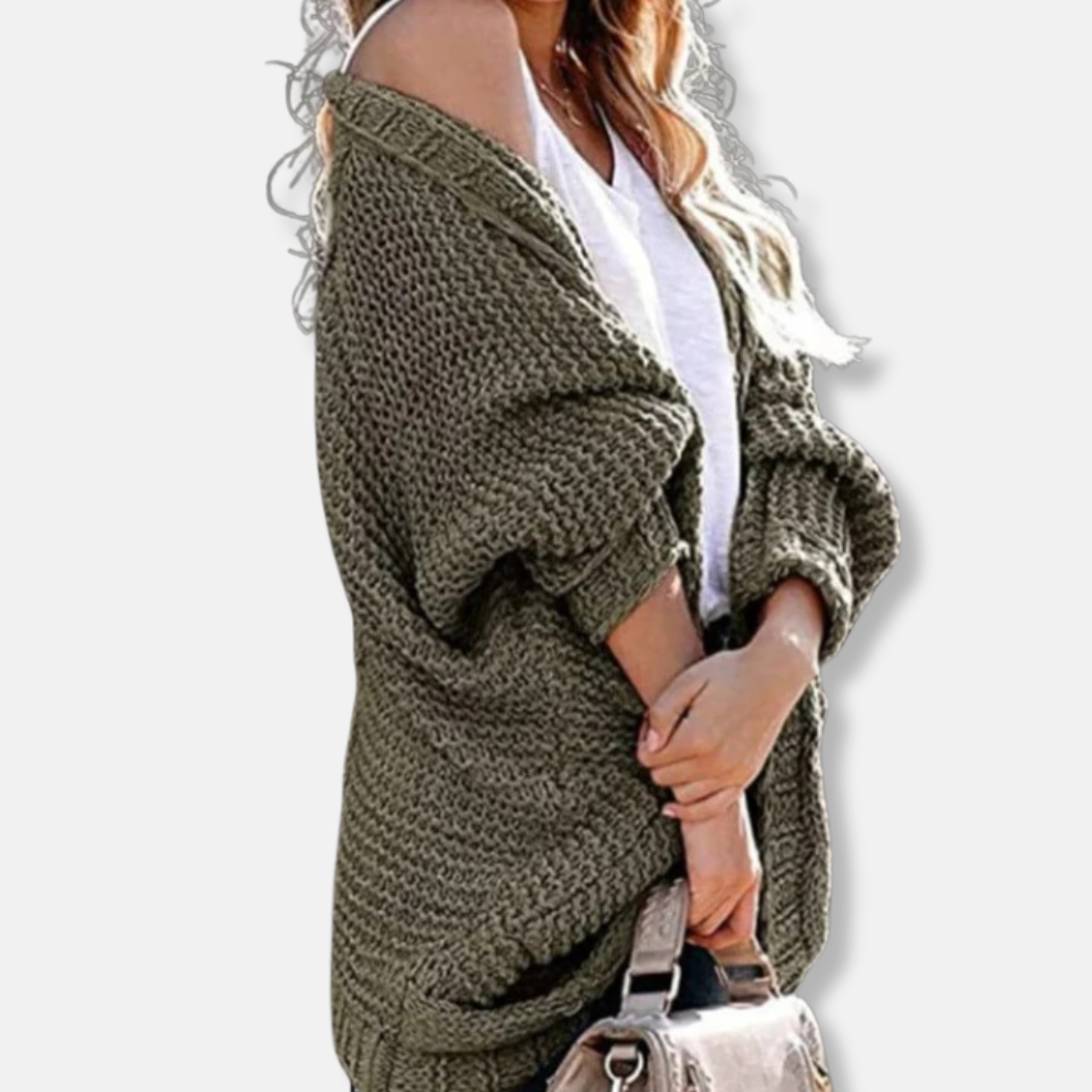 Drune | Woll Übergroßer Cardigan - Gerippter Offener Fronttaschen Cardigan