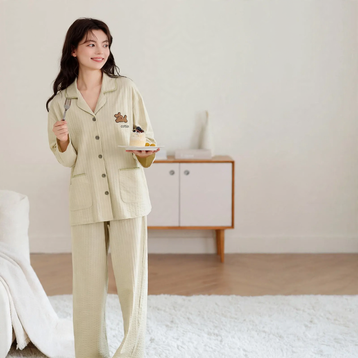 Damen-Pyjama-Set, Langarm, Baumwolle, Knopfleiste