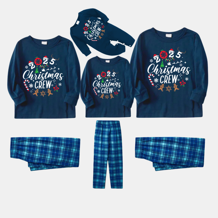 Drune | 2025 Weihnachten Crew Erinnerungen Gemeinsam Machen Textdruck Blau Langarmoberteil Mit Blauem Karomuster Familienpassenden Schlafanzügen