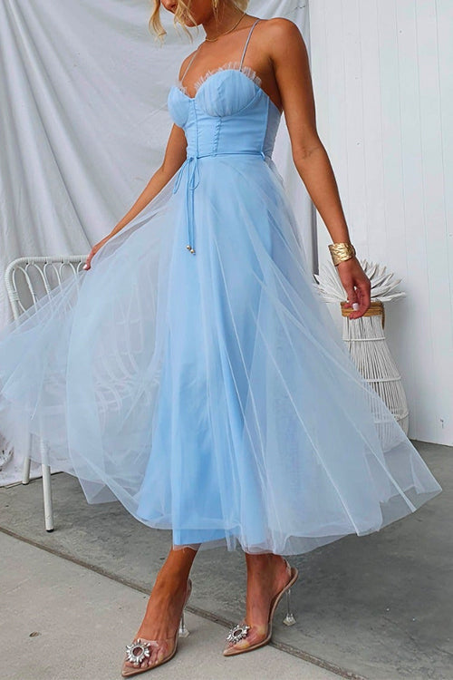 Drune | Rosiedress Offene Rücken Taillierte Swing Maxi Cami Tüll Kleid
