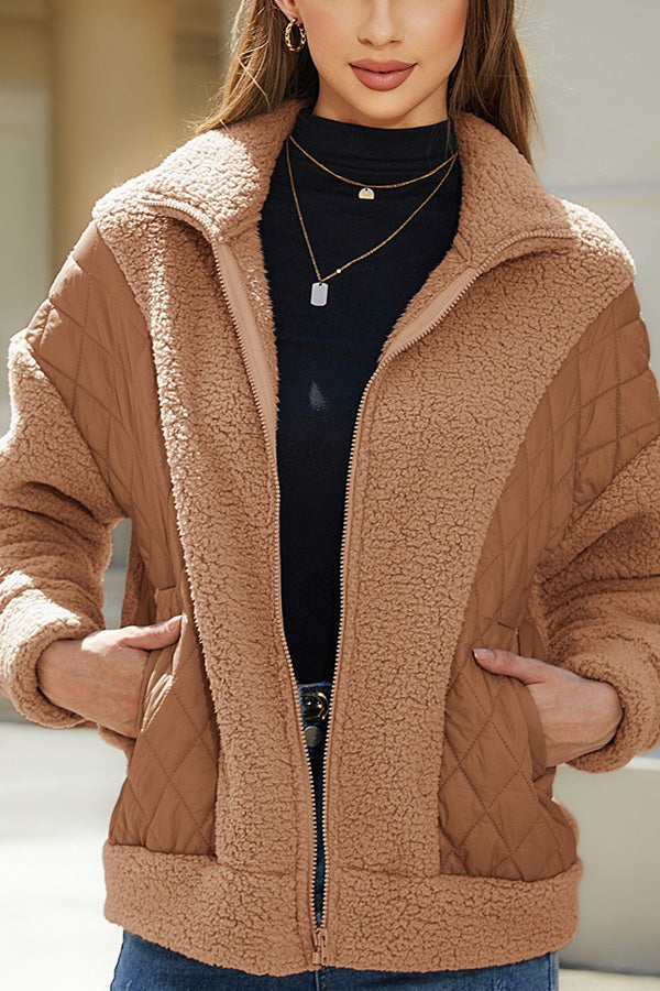 Drune | Langarm-Cardigan mit Reißverschluss aus Plüsch-Patchwork Damenjacke