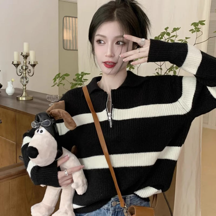 Gestreifter Strickpullover mit Polo-Kragen und Reißverschluss