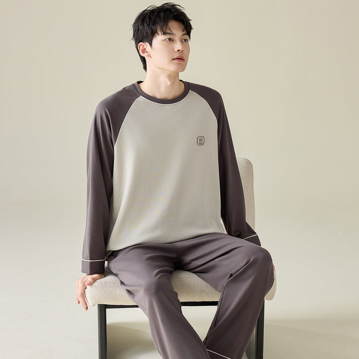 Herren-Pyjama-Set, 100% Baumwolle, Langarm, modern