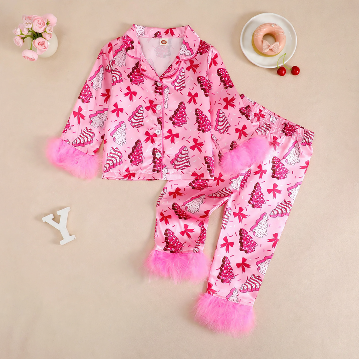 Mädchen-Pyjama-Set mit Schleife und Weihnachts-Print