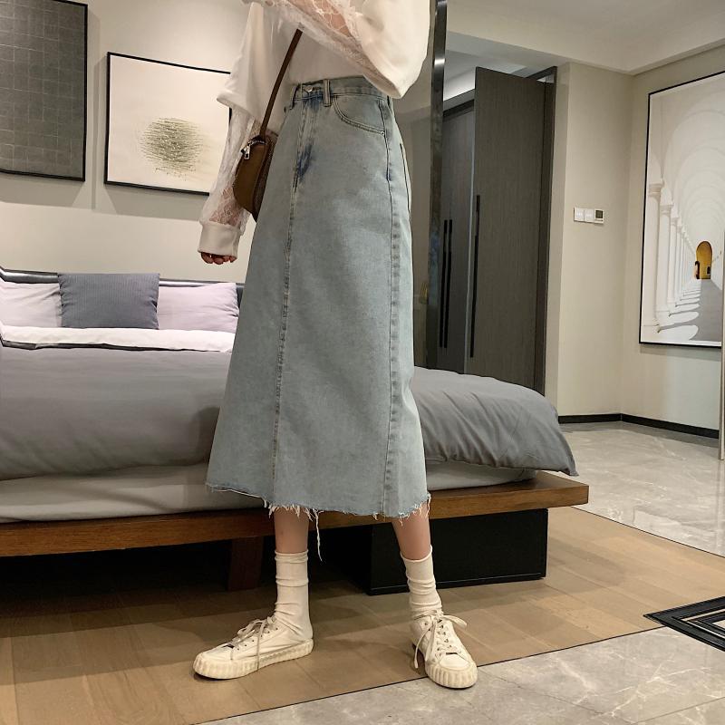 Damen Lässiger Denim-Midi-Rock mit fransigem Saum Drune