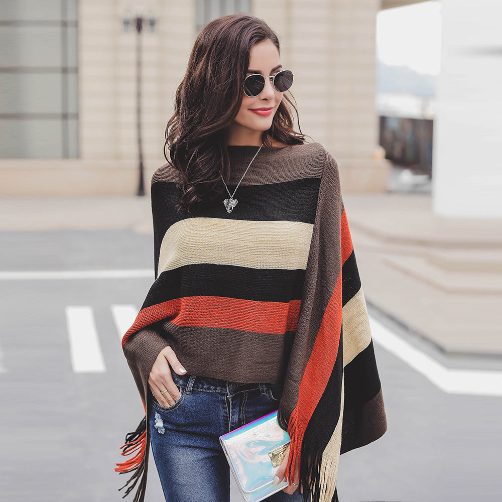 Damen Poncho mit Fransen und modernem Streifenmuster Drune