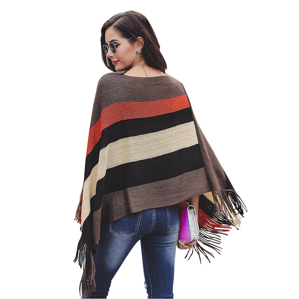 Damen Poncho mit Fransen und modernem Streifenmuster Drune