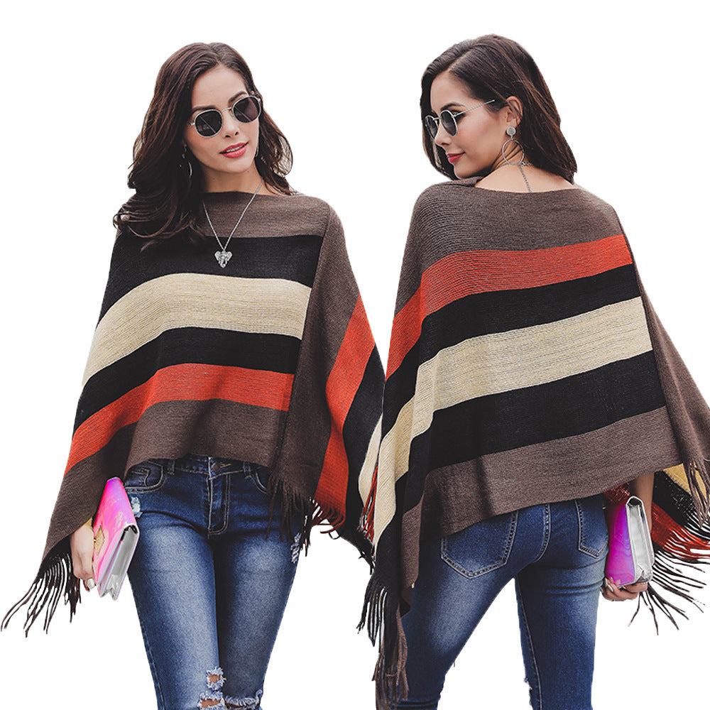 Damen Poncho mit Fransen und modernem Streifenmuster Drune