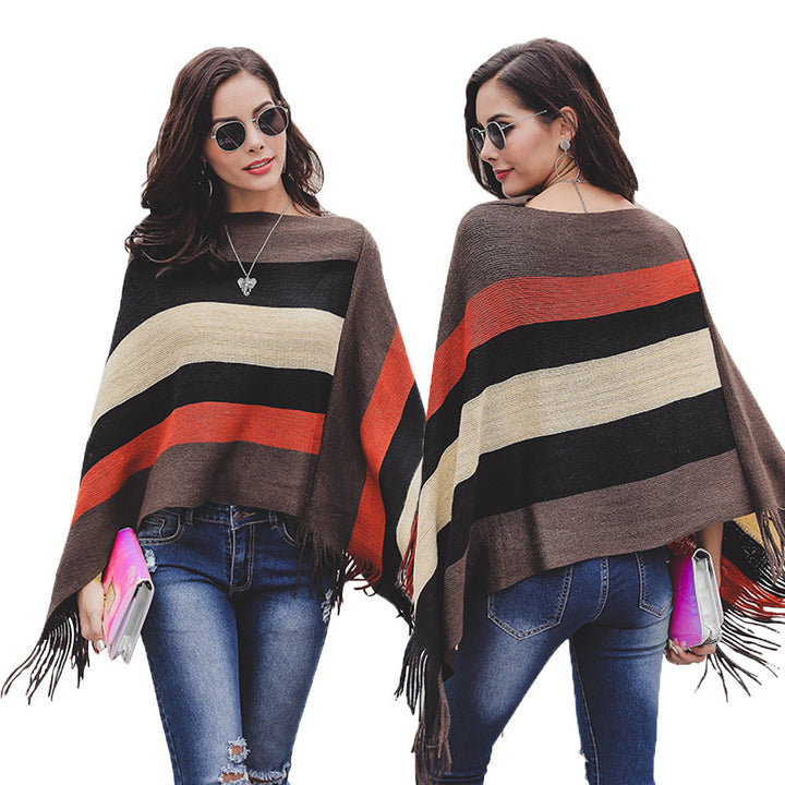 Damen Poncho mit Fransen und modernem Streifenmuster Drune