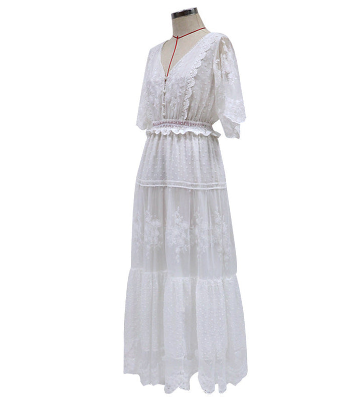 Drune | Chiffon Spitze Kurze Ärmel Boho V-Ausschnitt Maxi Kleid