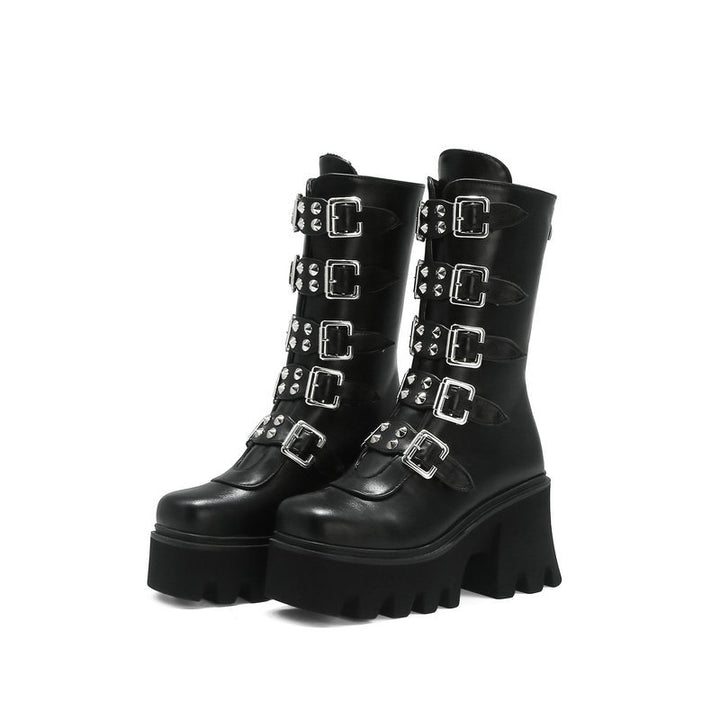 Damen Schaftstiefel mit Plateau, Mehrfachschnallen, Spikes und robuster Lugsohle Drune