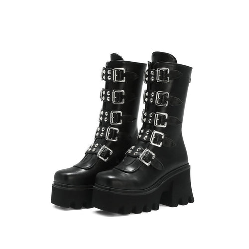 Damen Schaftstiefel mit Plateau, Mehrfachschnallen, Spikes und robuster Lugsohle Drune
