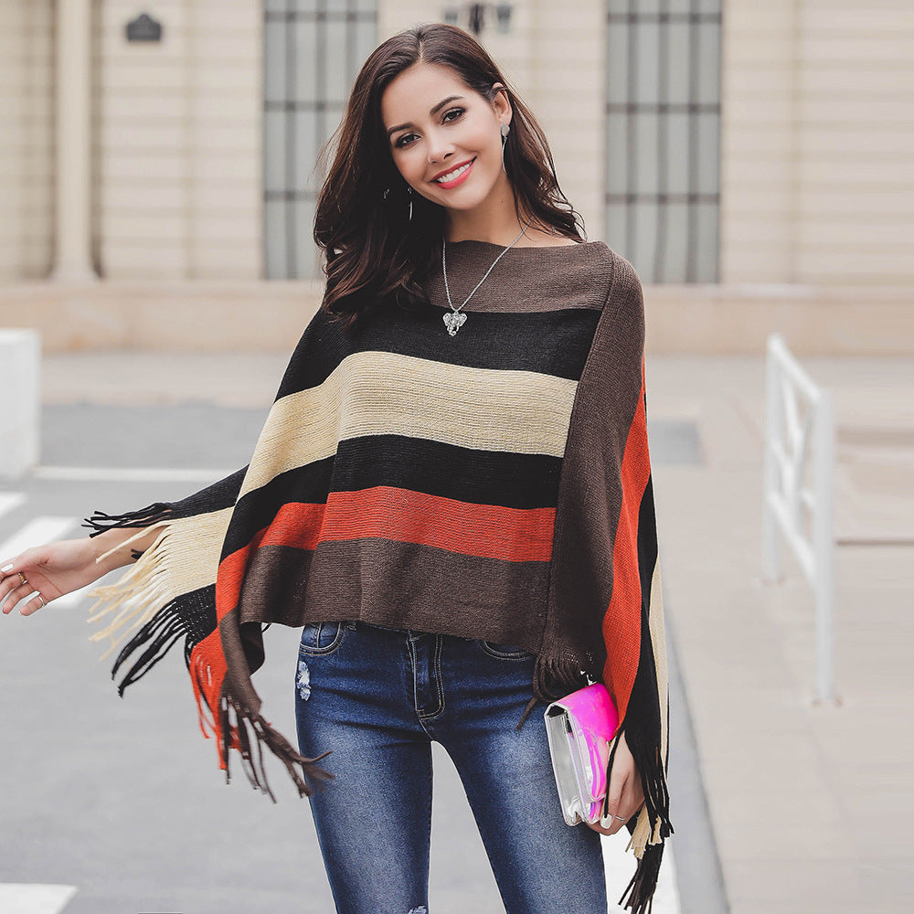 Damen Poncho mit Fransen und modernem Streifenmuster Drune