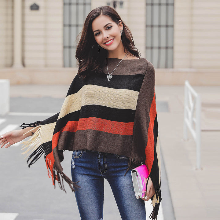 Damen Poncho mit Fransen und modernem Streifenmuster Drune