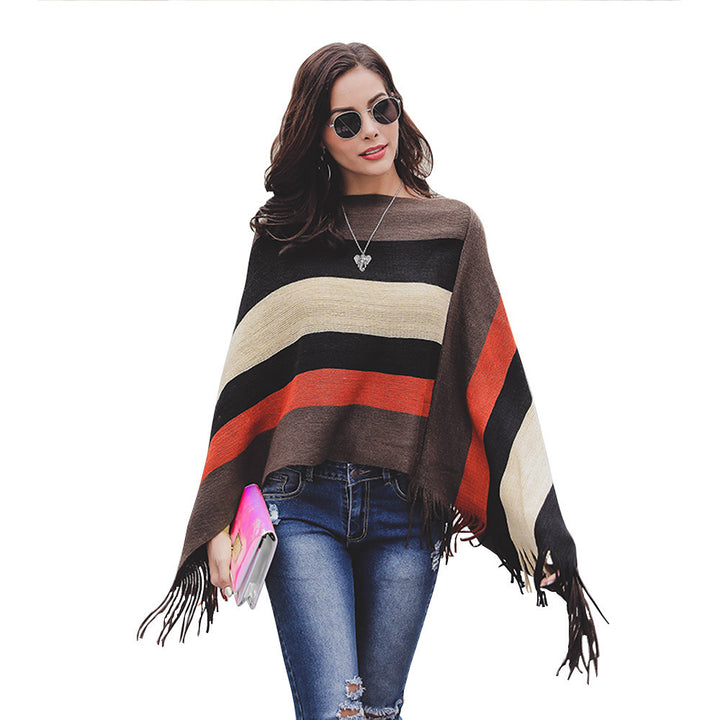 Damen Poncho mit Fransen und modernem Streifenmuster Drune