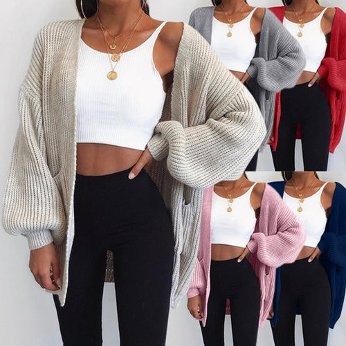 Damen Grobstrickcardigan mit balloonförmigen Ärmeln und offenen Taschen Drune