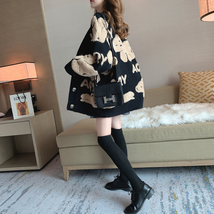 Damen Kuschelige Strickjacke mit süßem Motiv und großen Taschen Drune