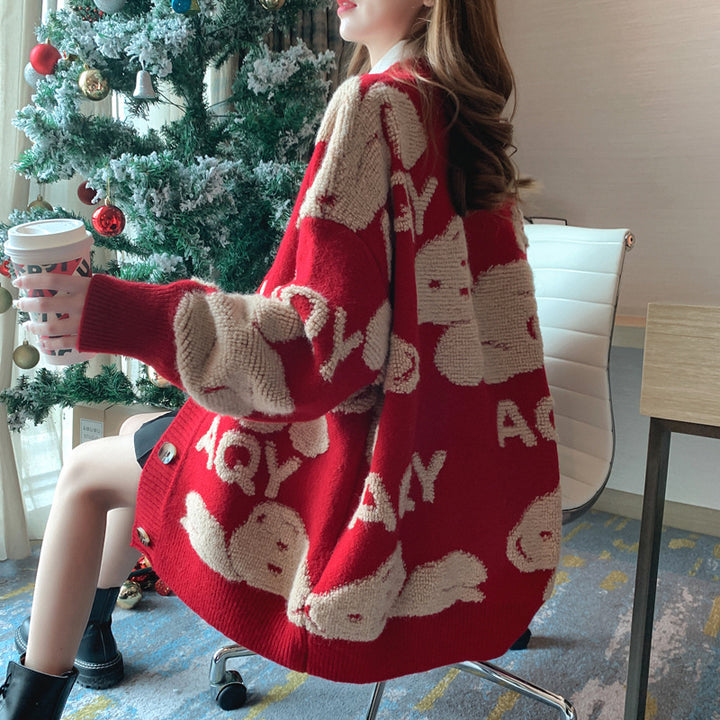Damen Kuschelige Strickjacke mit süßem Motiv und großen Taschen Drune