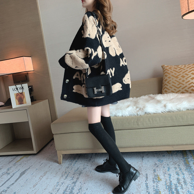 Damen Kuschelige Strickjacke mit süßem Motiv und großen Taschen Drune