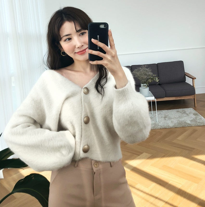 Damen Weicher Cardigan mit voluminösen Armen und eleganten Knöpfen Drune