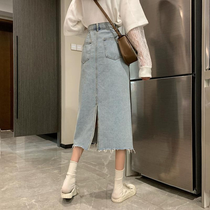 Damen Lässiger Denim-Midi-Rock mit fransigem Saum Drune