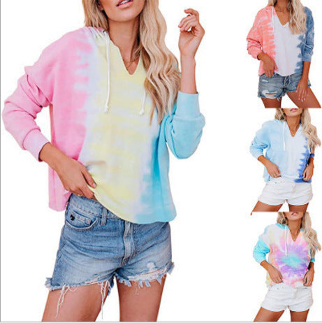 Damen V-Ausschnitt Kapuzenpullover mit Batikdesign Drune